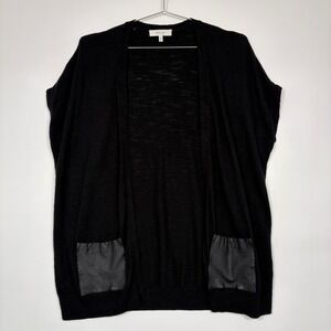 Milly Womens Cardigan Sz P (0-2) Black Leather Pocket Wool Blend Open Front Vest